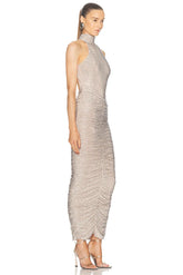 Women Celebrity Sexy Sleeveless Diamonds Backless Ruched Beige Maxi Long Gowns Dress 2025 Elegant Evening Party Club Vestido